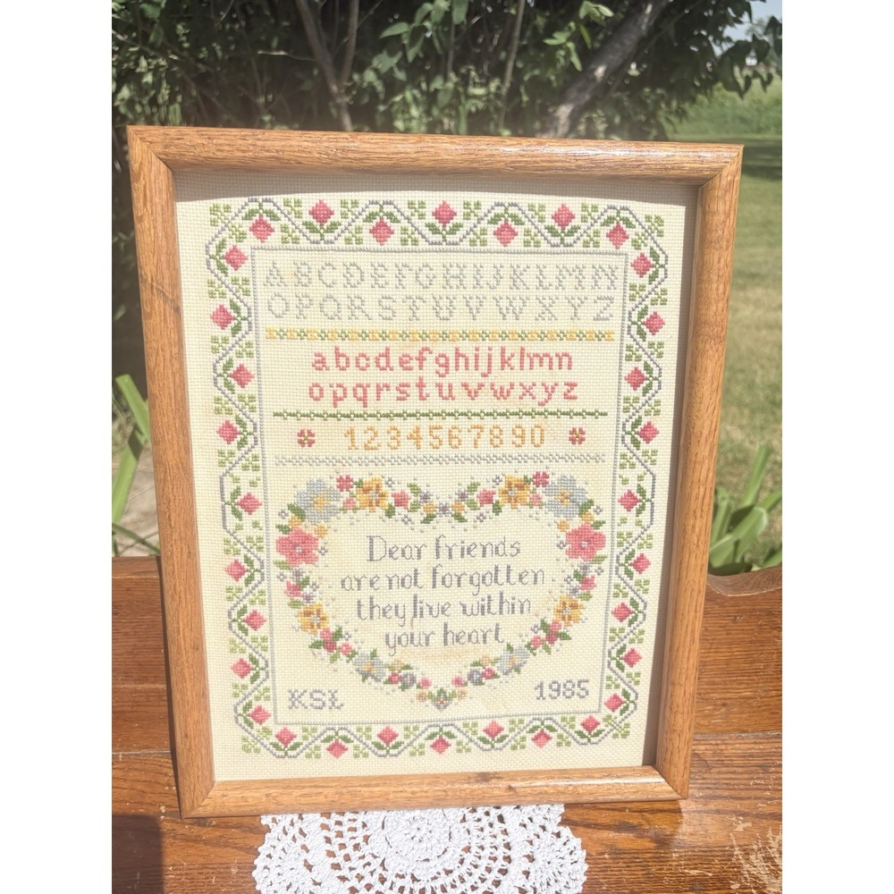 Vintage Framed Cross Stitch Sampler Dear Friends Live Within Your Heart 12 X 15 - Picture 2 of 9